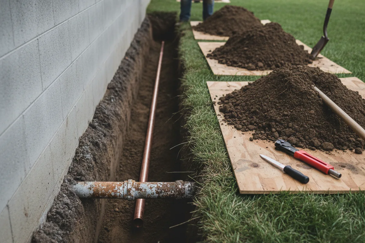 Excavated water line trench during Sewer Line Repair in Luxor